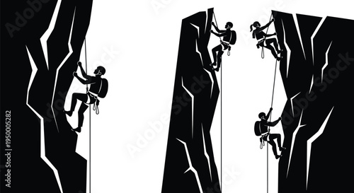 Black and white silhouette illustration of multiple rock climbers scaling steep mountain surfaces