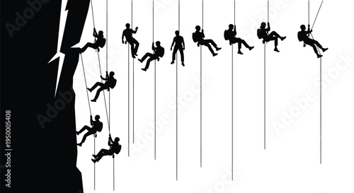 A series of silhouettes showing people rappelling down a steep cliff face and using climbing ropes