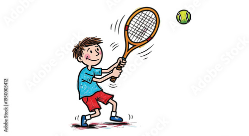 Cute child playing tennis with racket cartoon vector illustration