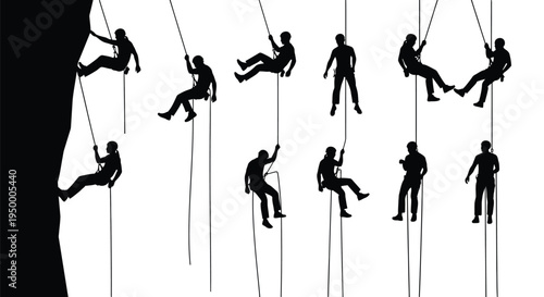 A collection of black silhouettes showing various rock climbers ascending and descending mountains