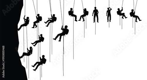 Black silhouettes of multiple rock climbers descending a cliff face with ropes and safety harnesses