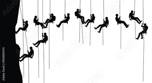 Silhouettes of multiple rock climbers rappelling down a steep mountain cliff face with ropes