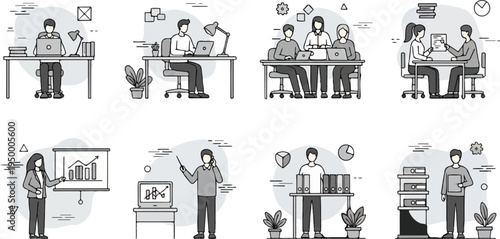 Diverse office scenes, individuals and groups working at desks