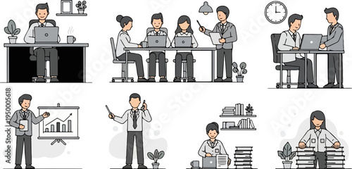 Diverse office workers collaborate, present data, and manage tasks efficiently