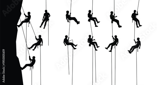 Silhouettes of multiple rock climbers descending a steep cliff face using professional rope gear