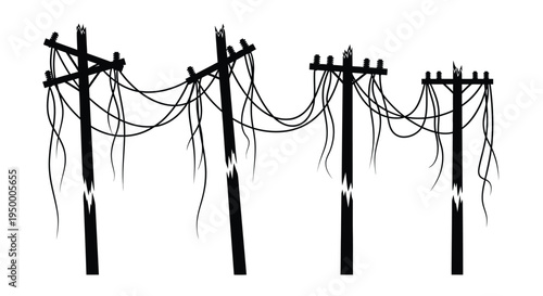 A series of damaged and broken wooden utility poles with tangled power lines hanging in silhouette