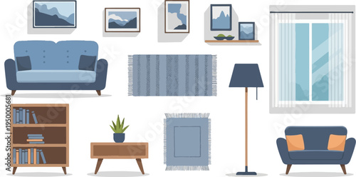 Modern living room decor with blue furniture, art, and rugs
