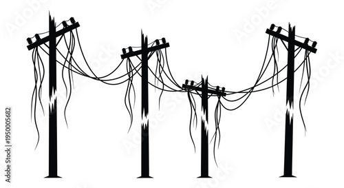 Black silhouette illustration of several broken utility poles with tangled hanging power cables