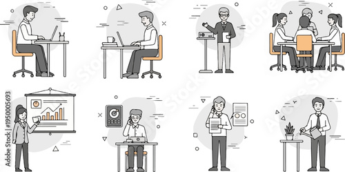 Office scenes depicting various business activities and work scenarios