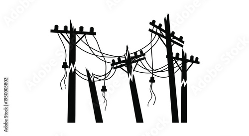 Black silhouette of multiple broken utility poles with damaged power lines and snapped wood beams