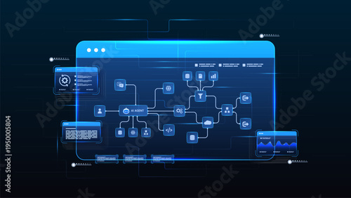 AI workflow automation artificial intelligence. ai agent workflow diagram dashboard machine learning with flow process, analytics, and processing system.