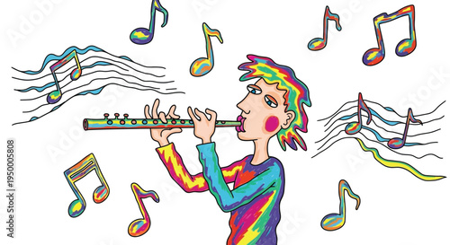 Colorful child playing flute music notes cartoon vector illustration