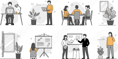 Diverse work scenarios with modern office elements and people