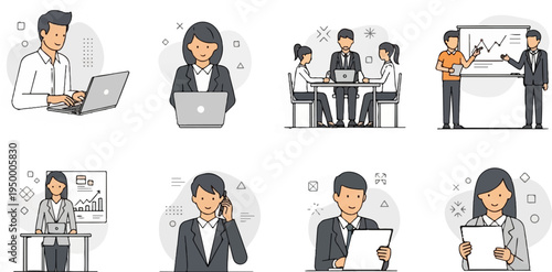 Business people in various office work scenarios