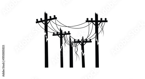 Black silhouette illustration of several broken utility poles connected by sagging power lines