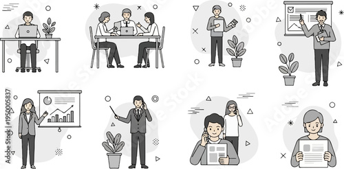 Business professionals collaborating, presenting data, and communicating on the phone