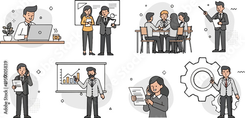 Business professionals engaged in various work activities, showcasing collaboration and productivity