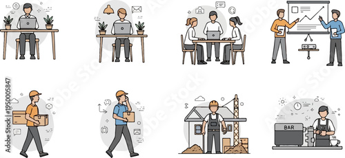Diverse professionals at work office, delivery, construction, and cafe scenes