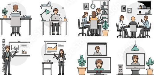 Diverse office scenes solo work, meetings, presentations, and remote collaboration