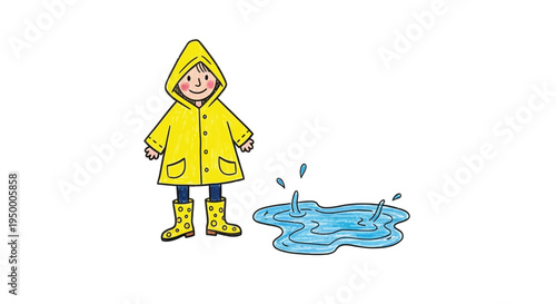 Cute child wearing raincoat jumping in puddle cartoon vector illustration