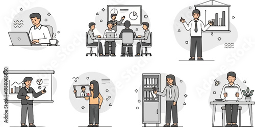 Business team collaborating on projects, presenting data, and working remotely