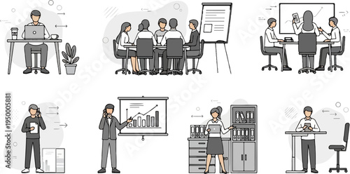 Diverse office scenes showing collaboration, individual work, and presentations (2)