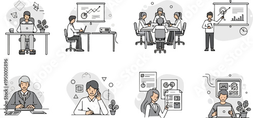 Diverse office scenes depicting teamwork, presentations, and individual tasks