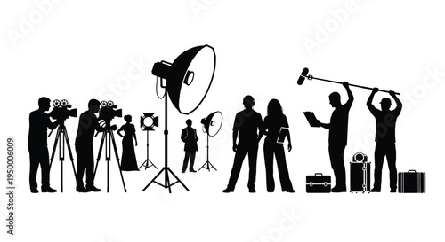 Black silhouette group of professional film crew members working on a movie production set scene