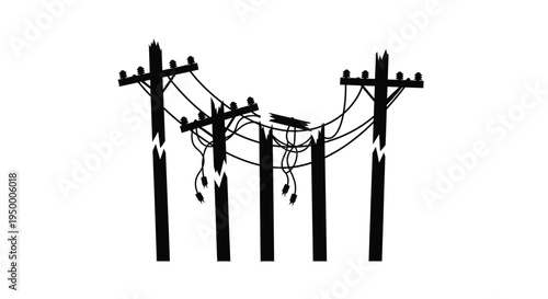 Black silhouette illustration of several broken utility poles with tangled hanging power lines