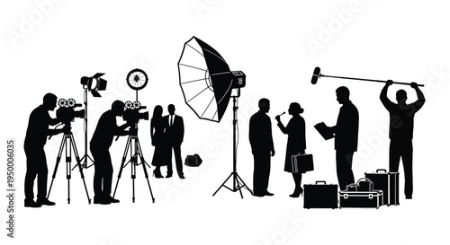 Black silhouette of a professional film production crew working on a movie set with camera equipment