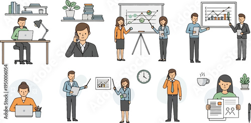 Business professionals engage in office tasks like presentations, calls, and desk work