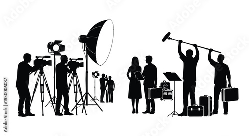 Silhouettes of a professional film production crew working with cameras lighting and boom audio