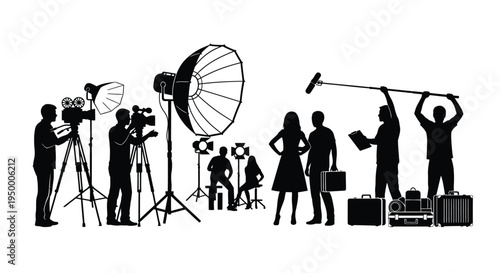 A silhouette collection of professional film production crew members working on a busy movie set