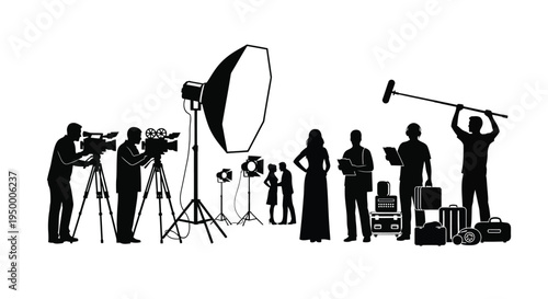 Black silhouette illustration of a professional film production crew working on a movie set scene