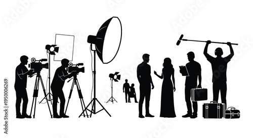 Professional film crew working on a movie set with camera equipment and lighting production gear