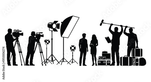 A silhouette collection of professional film crew members working with cameras and lighting gear