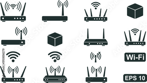 WiFi router icons set, wireless network signal symbols, internet connection technology vector collection isolated black silhouette