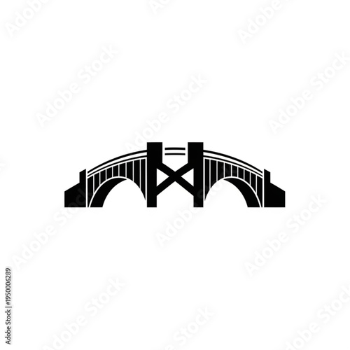 Black silhouette of a suspension bridge with arches.