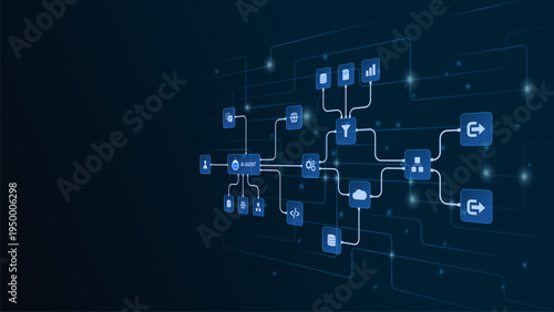 AI workflow automation artificial intelligence. ai agent network diagram with automated process flow, cloud integration, data routing, and automation flow.