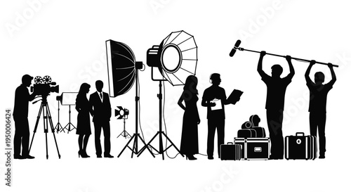 Black silhouette of a film production crew working with cameras lighting equipment and boom mics