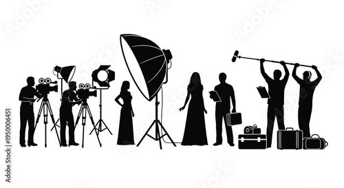 Professional film production crew working on a set with cameras lighting equipment and sound booms