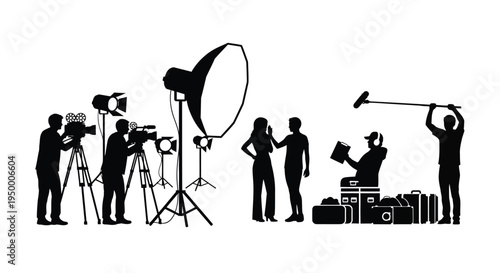 A professional film production crew working on a movie set with cameras lights and sound equipment