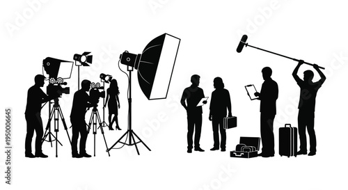 A professional film production crew working on a set with cameras lighting equipment and boom mics