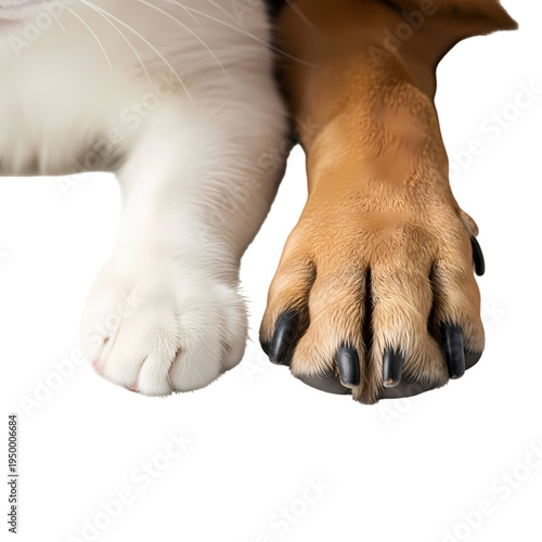 Closeup of cat and dog paws side by side on white isolated on transparent background