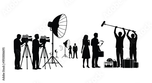 Silhouettes of a professional film production crew working on a movie set with lights and cameras