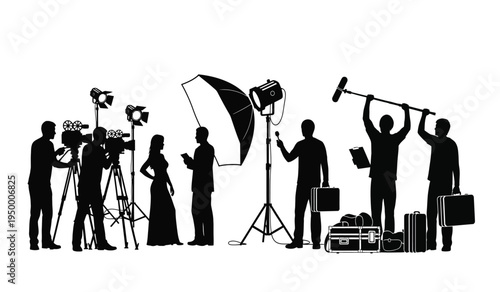 Black silhouette of a professional film production crew working on a movie set with camera equipment
