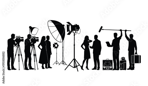 A professional film production crew working on set with camera equipment and lighting gear setup