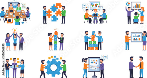 Business teamwork collaboration concept set with office workers planning strategy, solving puzzle, analytics meeting flat vector illustration