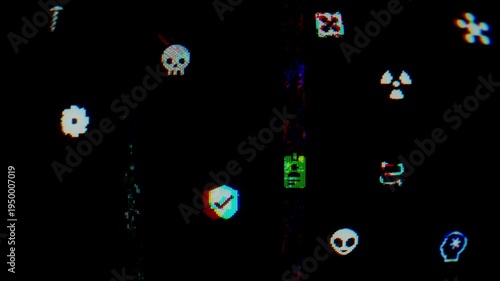 Retro-style animation of crashes on a videocassette with technical icons. The cycle of distortion of cybersecurity badges.