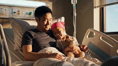 Father sits with child cancer patient in hospital bed holding teddy. Man comforts sick child during cancer treatment. Father supports child patient. Hospital care with teddy bear and father.